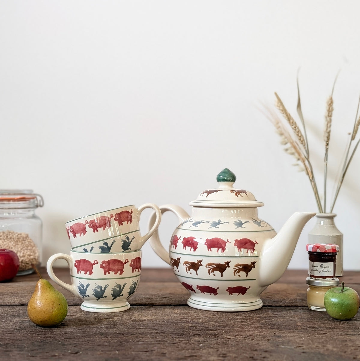 Vintage Emma Bridgewater Farmyard 2 Pint Teapot and Two Teacups (1999)