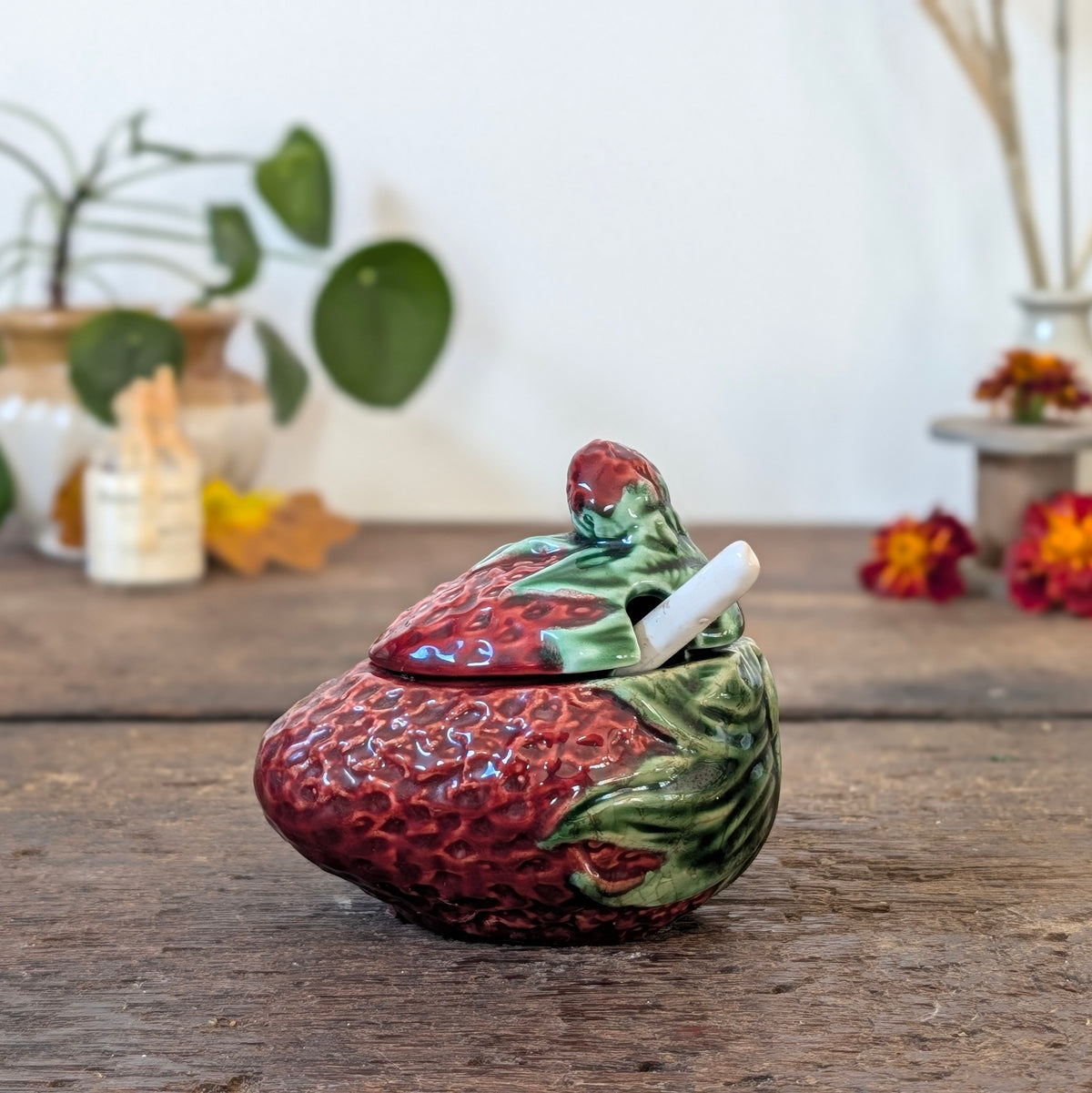 Majolica Strawberry Lidded Jam Pot