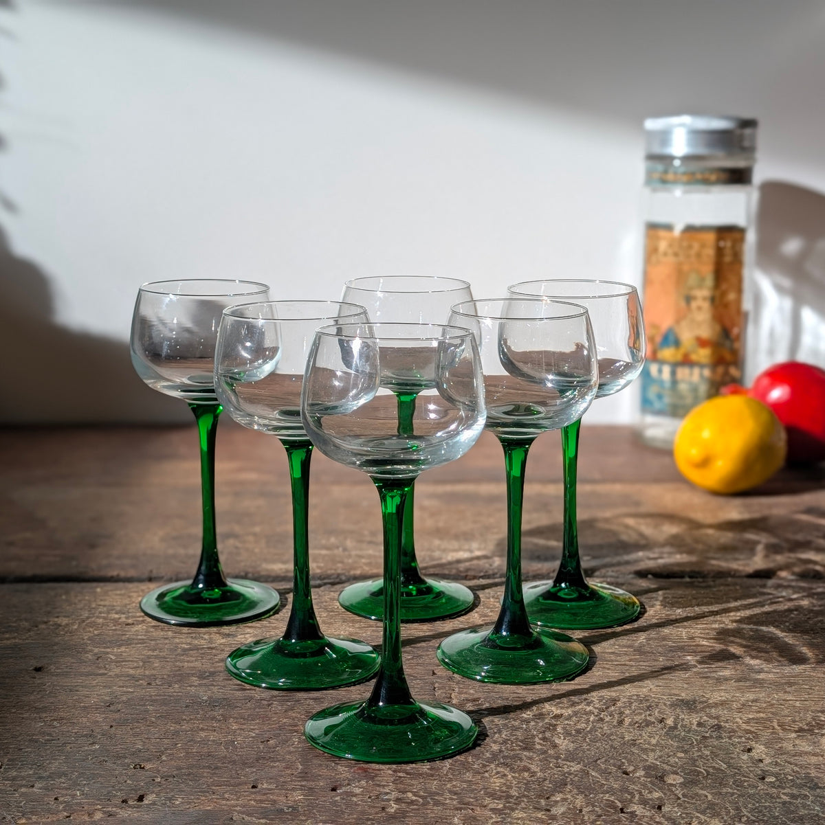 Set of Six Green Stemmed Wine Glasses