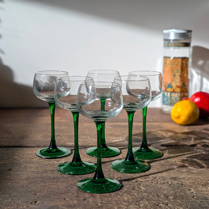 Set of Six Green Stemmed Wine Glasses