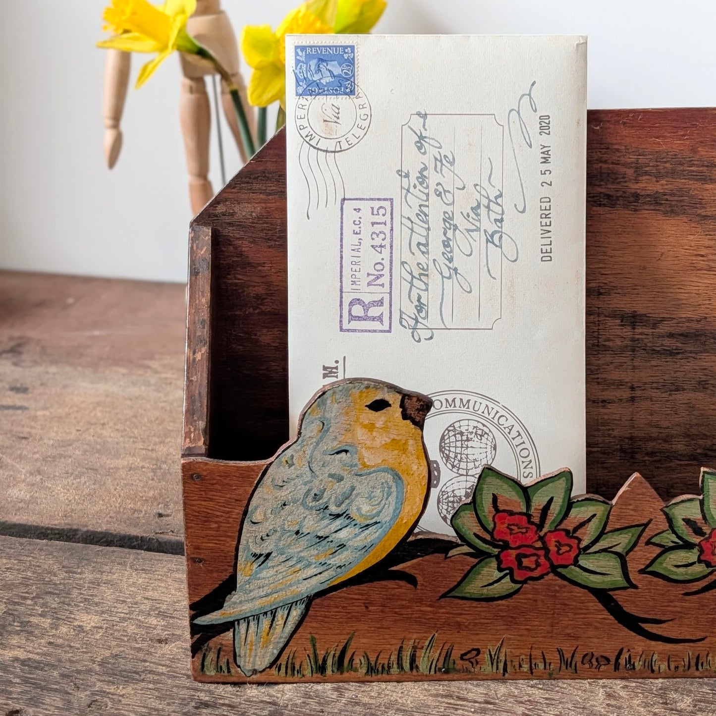 Vintage Hand-Painted Lovebird Letter Holder