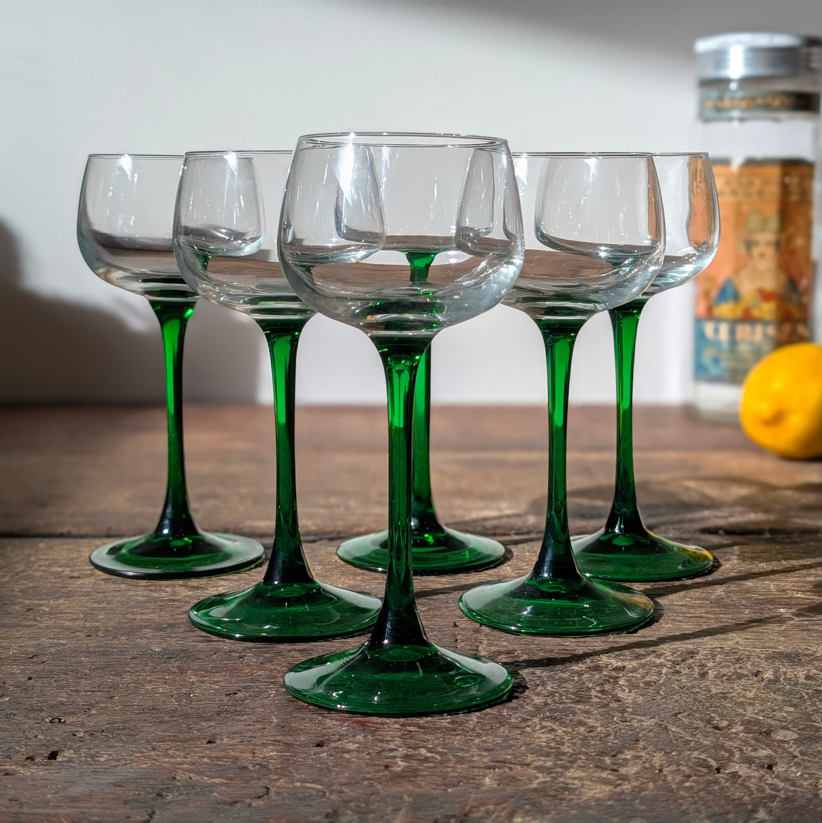 Set of Six Green Stemmed Wine Glasses
