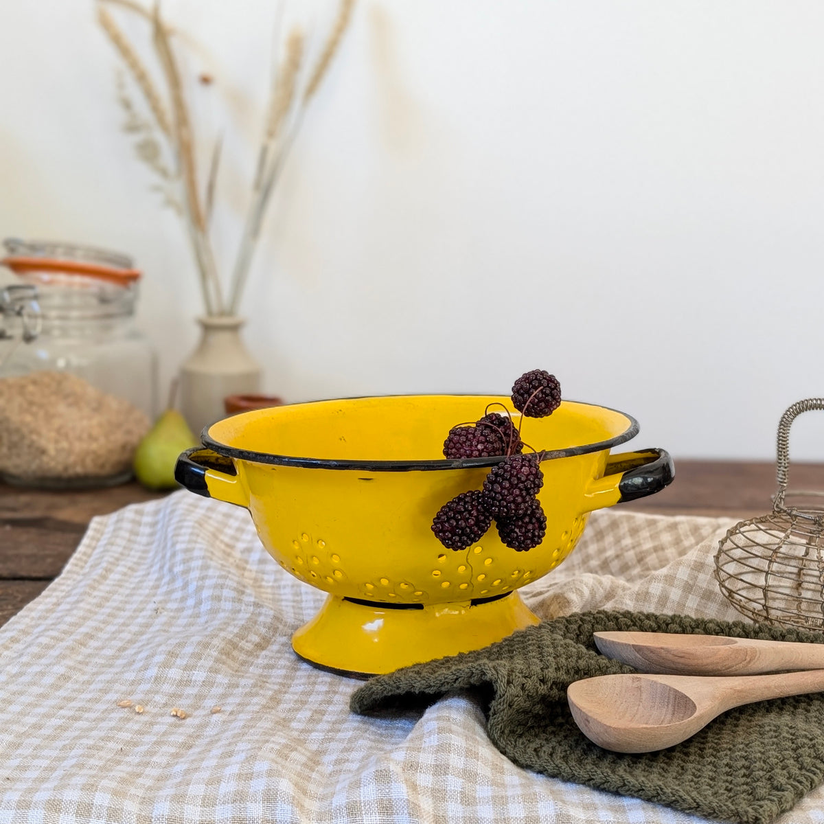 Yellow and Black Enamel Vintage Colander