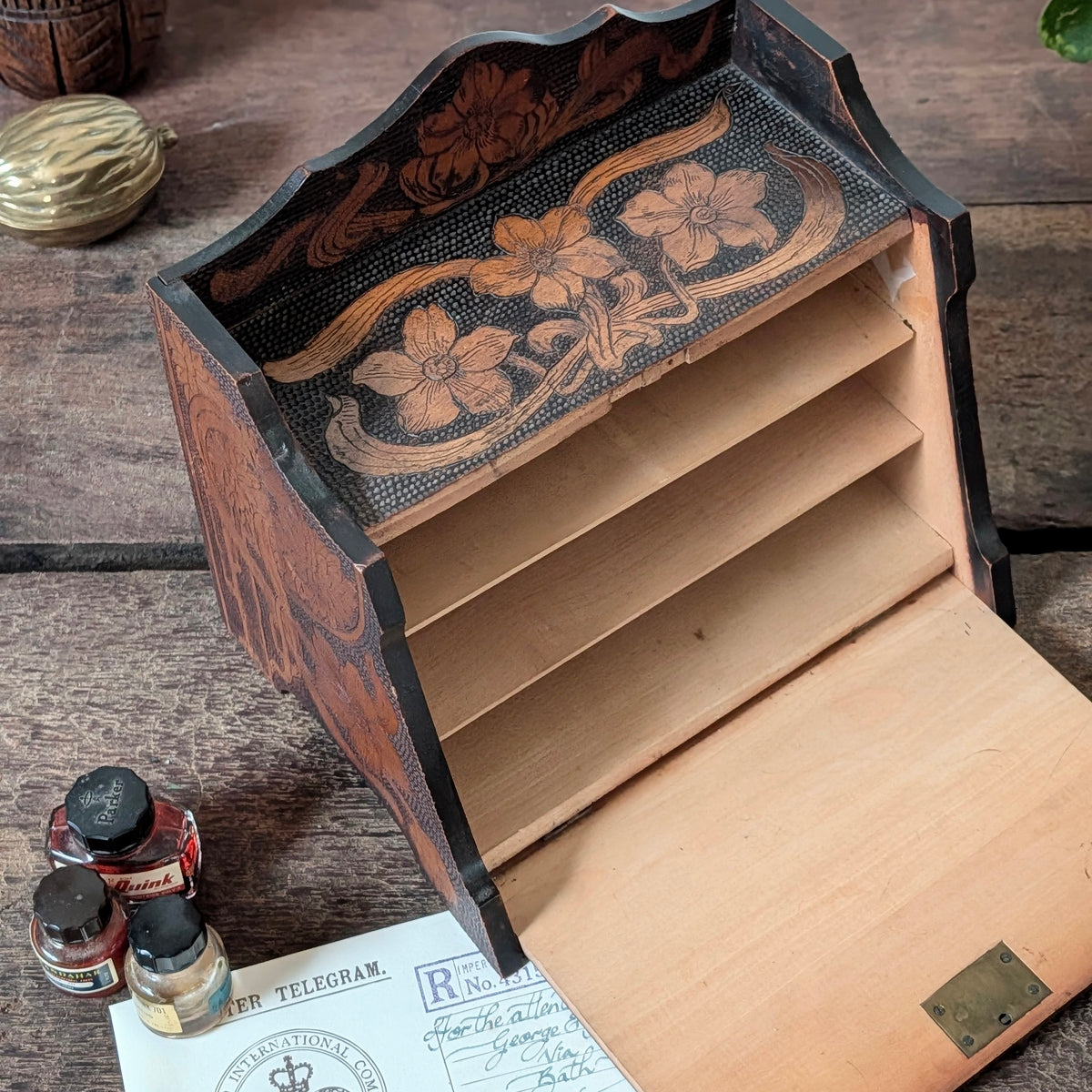 Victorian Wooden Carved Letter Writing Box