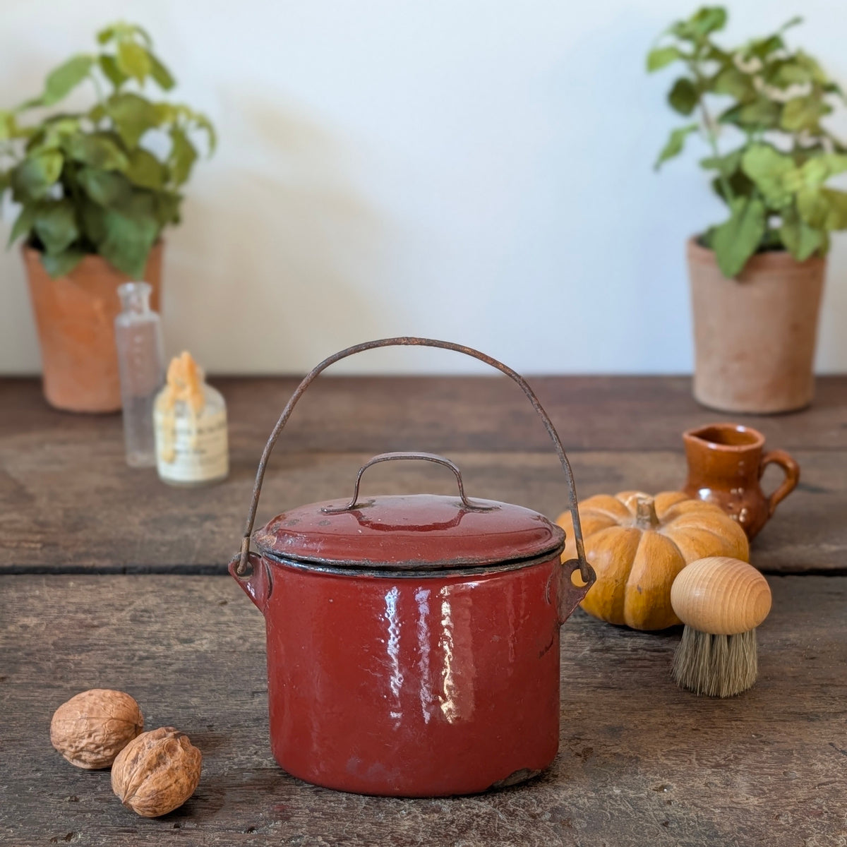 Deep Red Enamel Lidded Pot with Handle