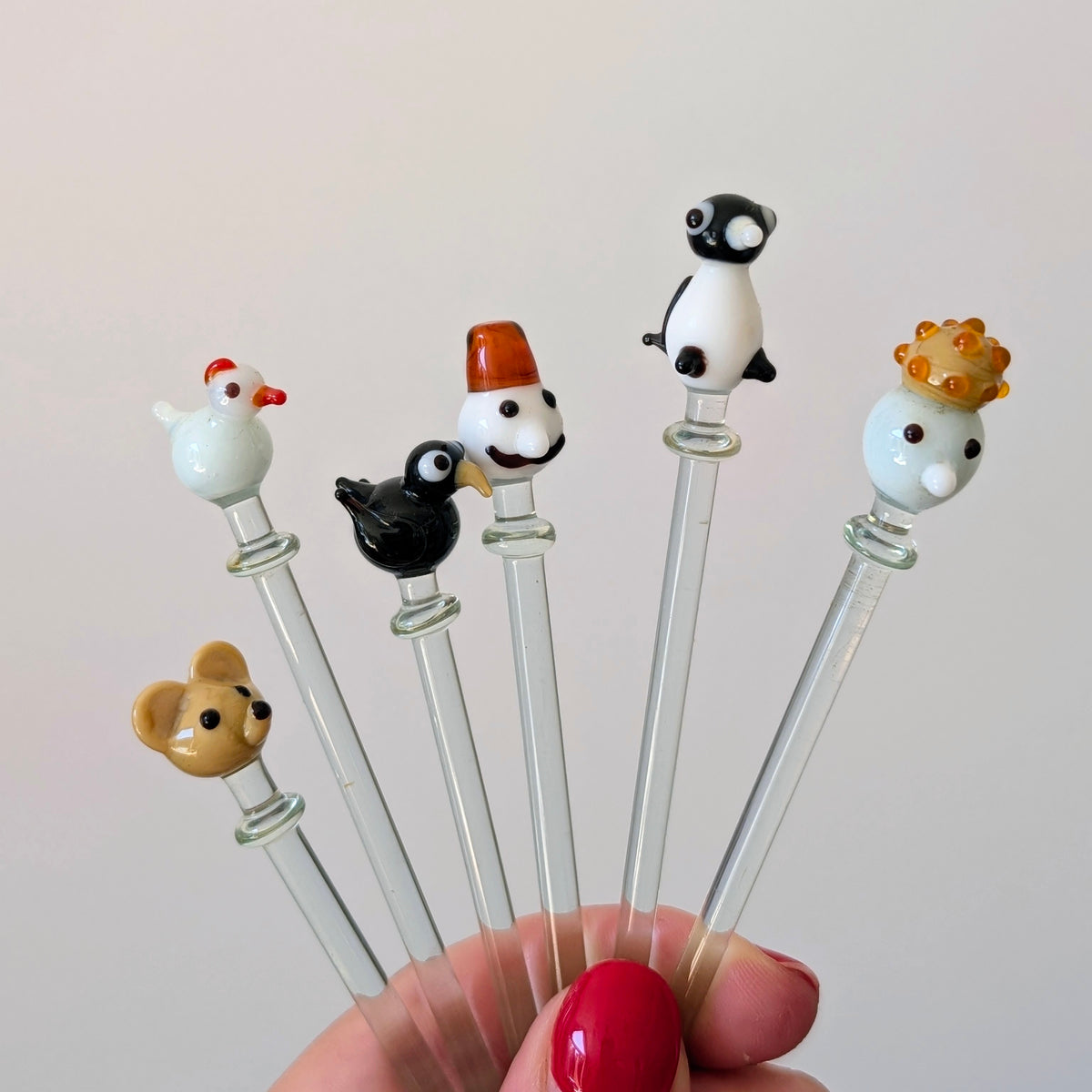 Set of Hand-Blown Glass Animal Cocktail Swizzle Sticks, Murano Style