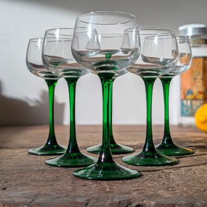 Set of Six Green Stemmed Wine Glasses