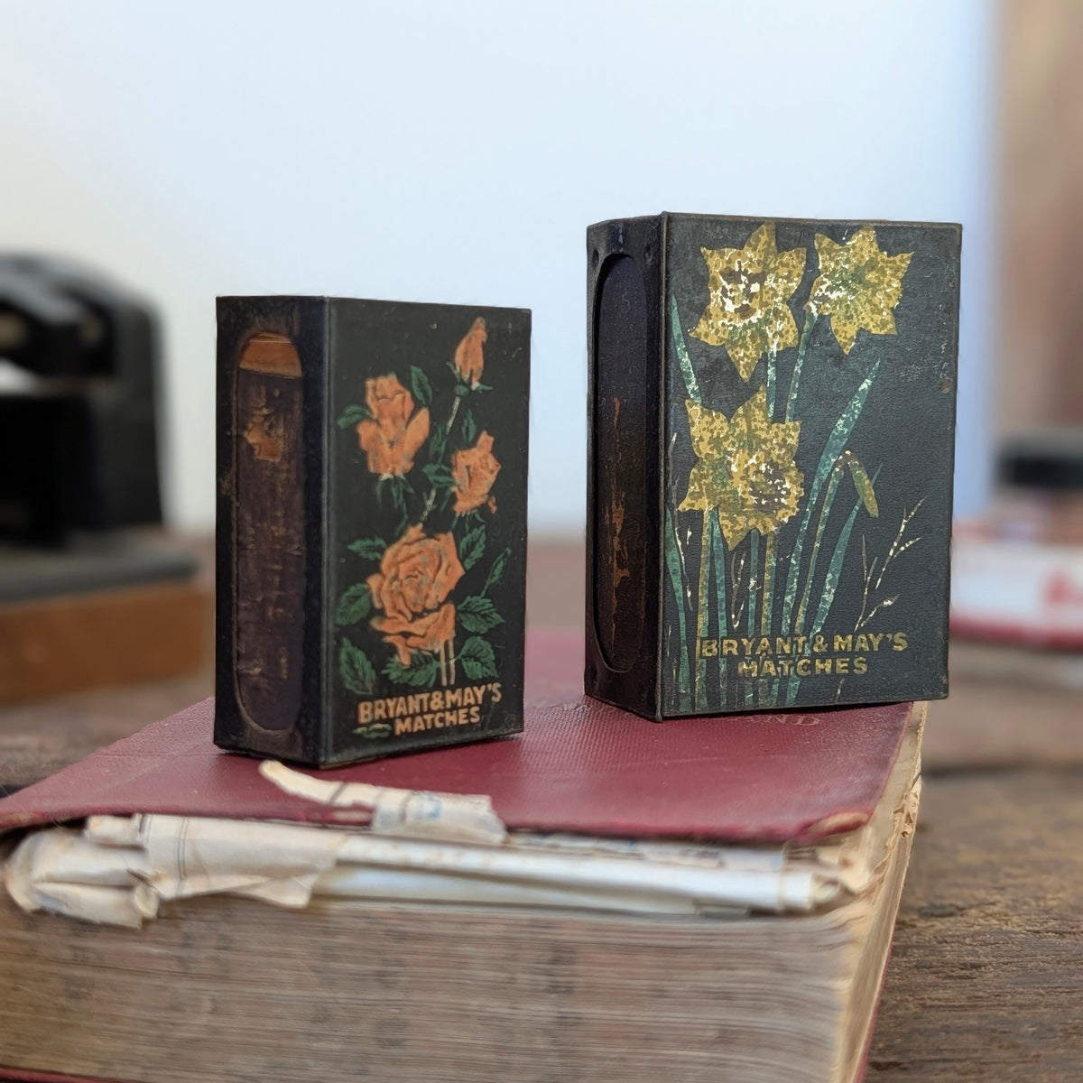 Pair of Vintage Bryant & May Floral Matchbox Holders