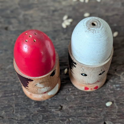 Vintage Wooden Salt and Pepper Face Pots