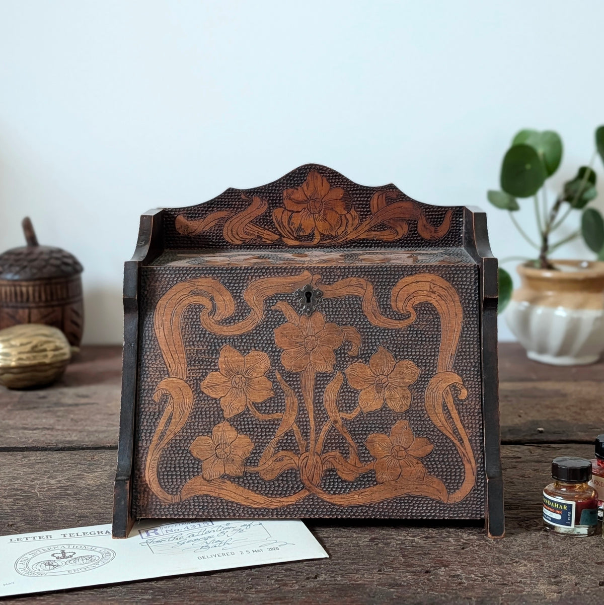Victorian Wooden Carved Letter Writing Box