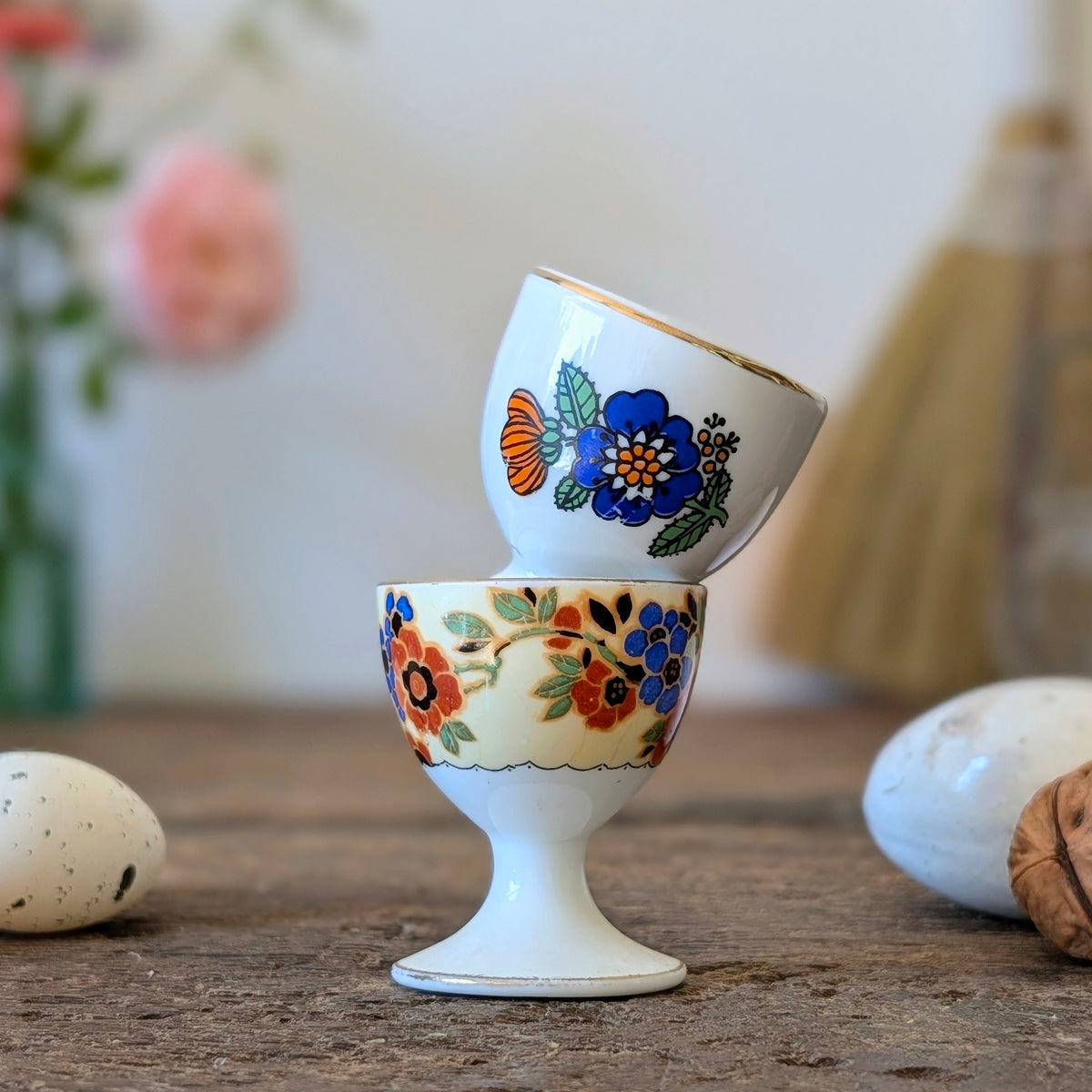 Pair of Mismatched Vintage Floral Egg Cups