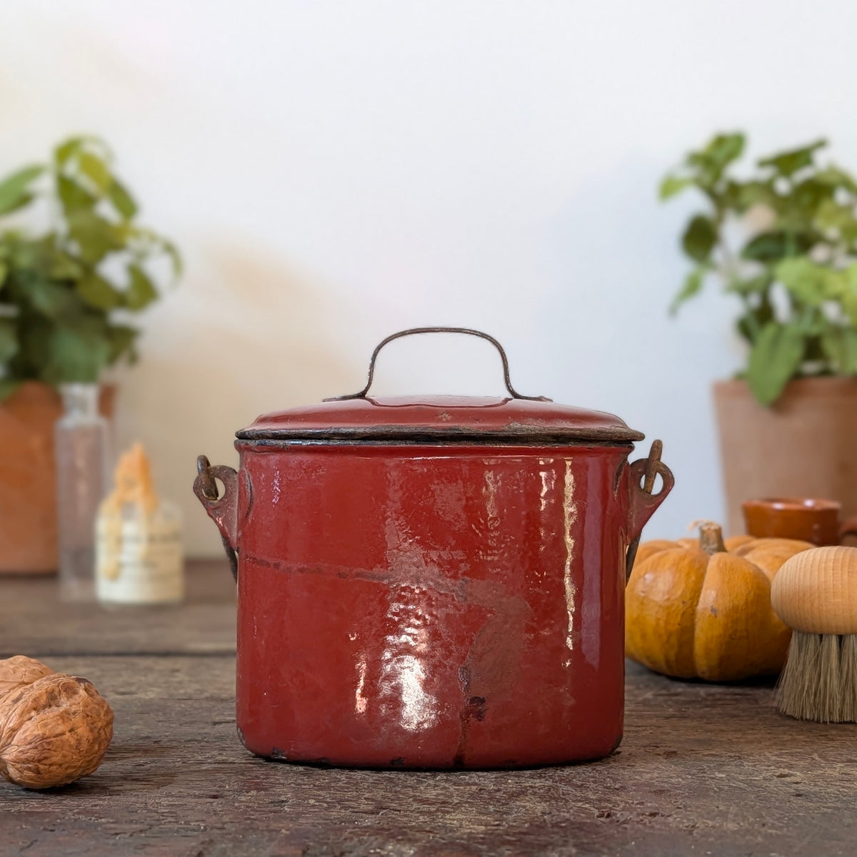 Deep Red Enamel Lidded Pot with Handle
