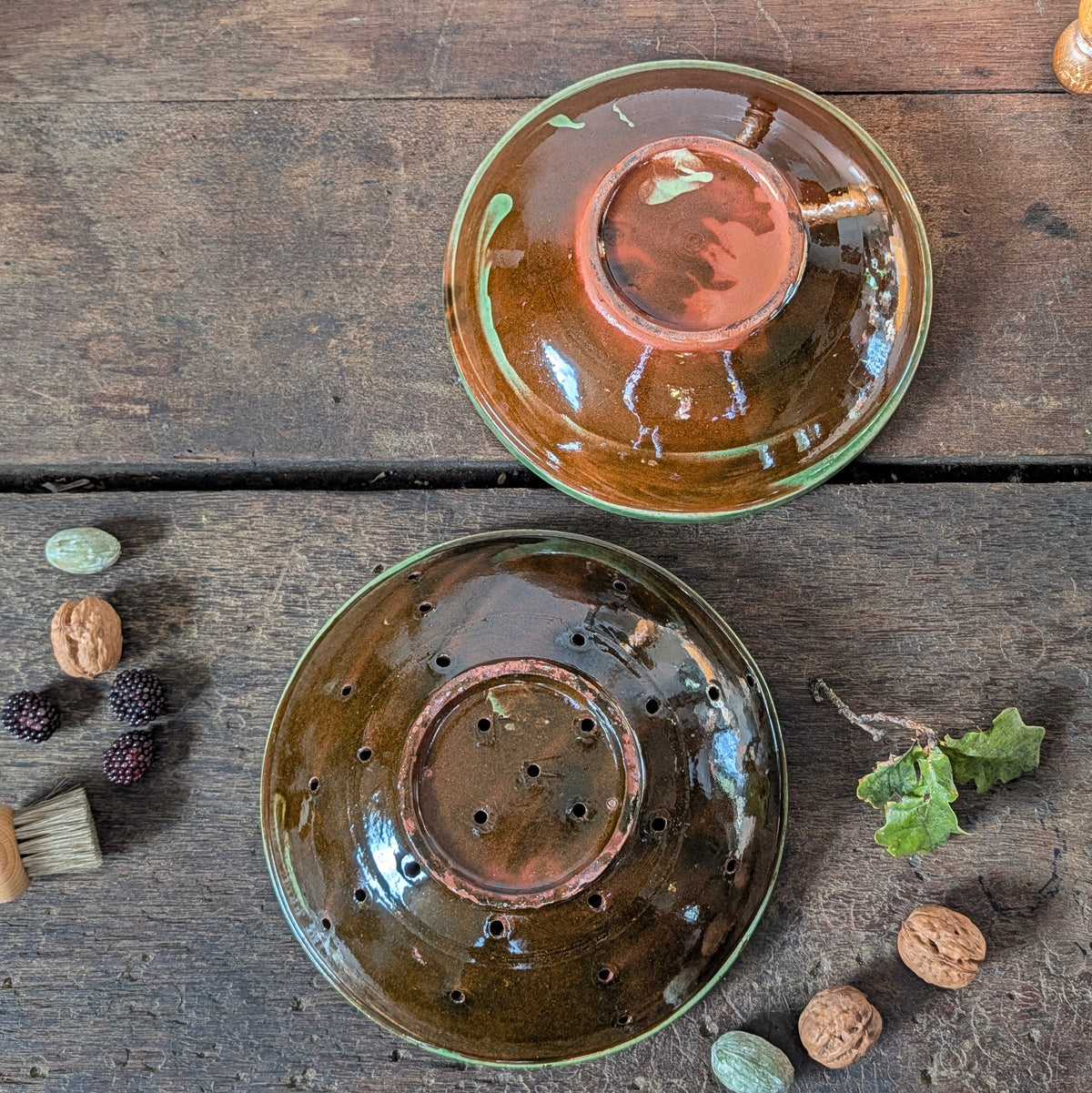 French Green Glazed Terracotta Colander and Bowl Set