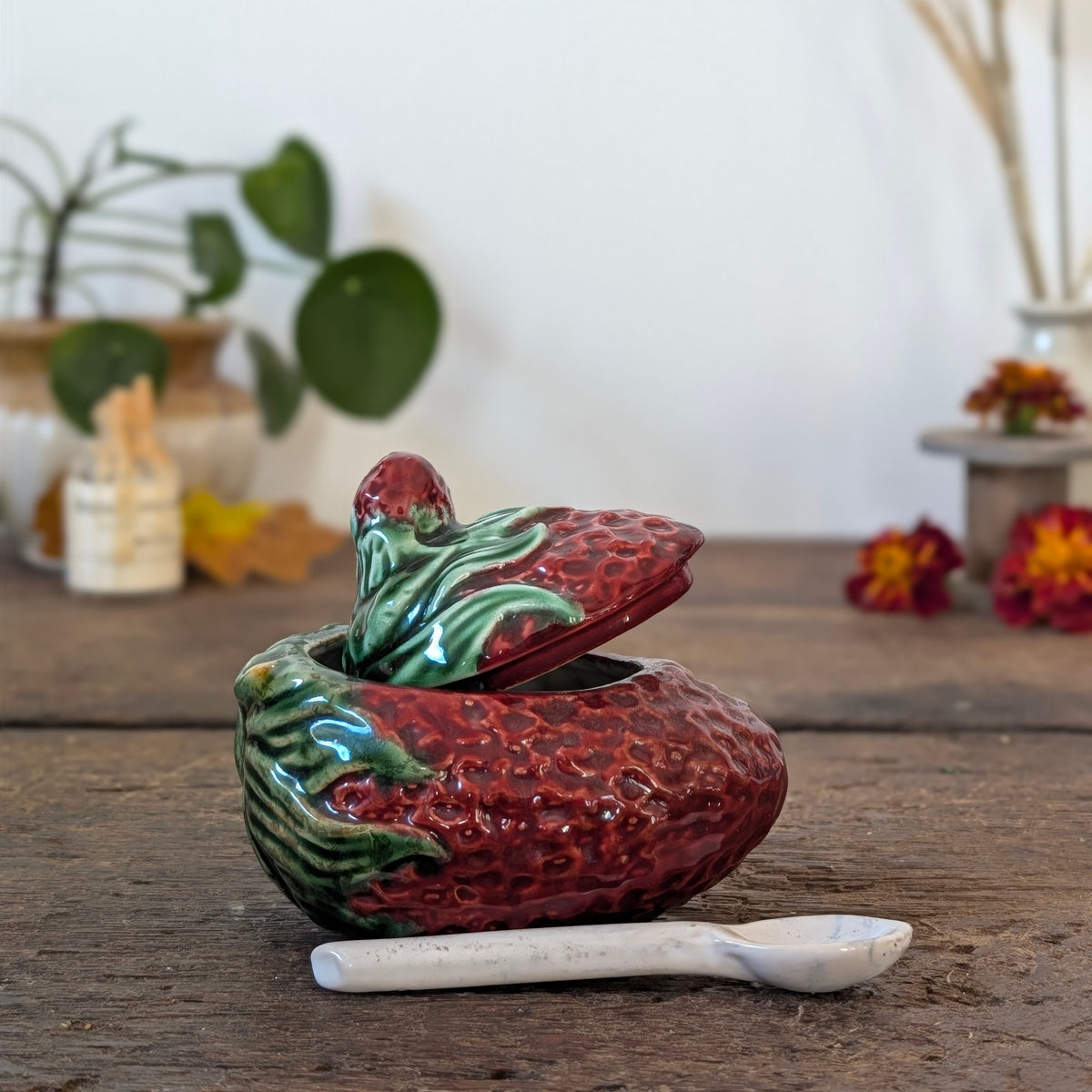 Majolica Strawberry Lidded Jam Pot