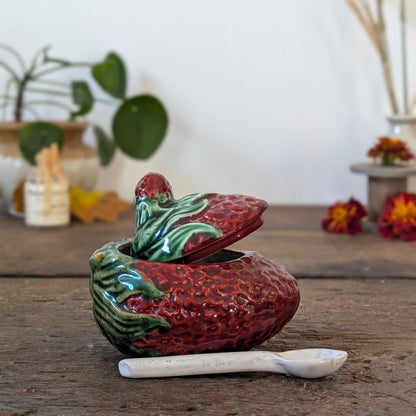 Majolica Strawberry Lidded Jam Pot