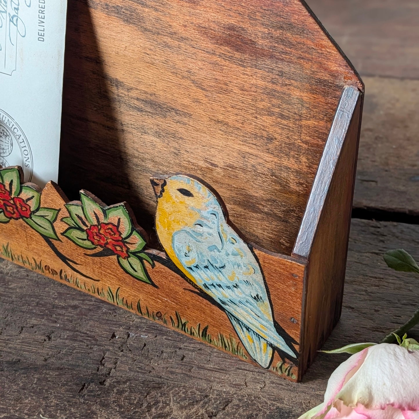 Vintage Hand-Painted Lovebird Letter Holder
