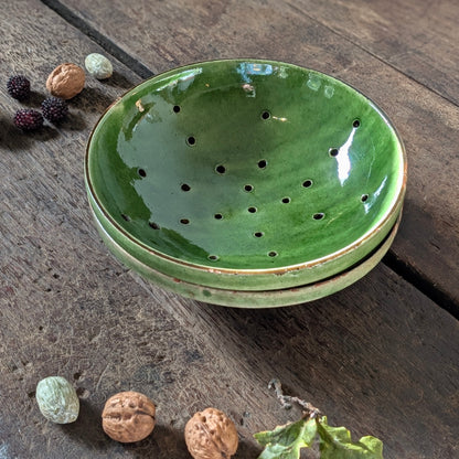 French Green Glazed Terracotta Colander and Bowl Set