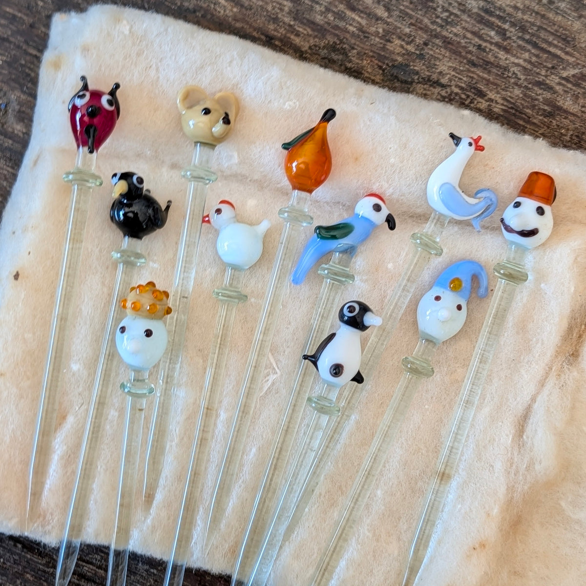 Set of Hand-Blown Glass Animal Cocktail Swizzle Sticks, Murano Style