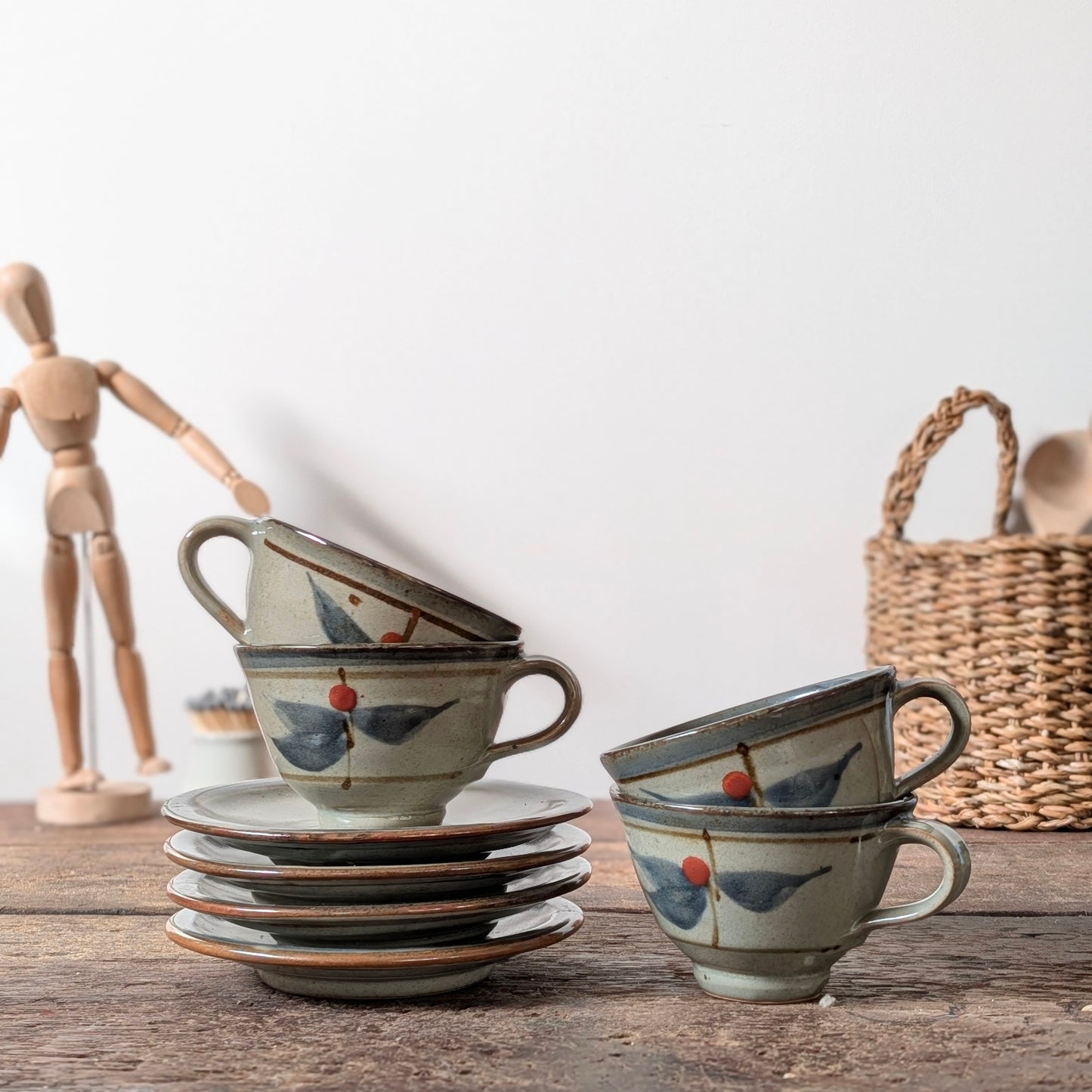 Japanese Studio Pottery Tea Cups and Saucers