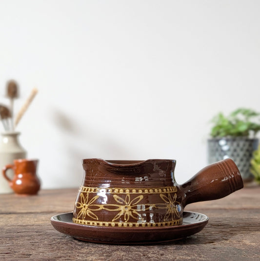 Brown Slipware Ceramic Sauce Pot and Saucer