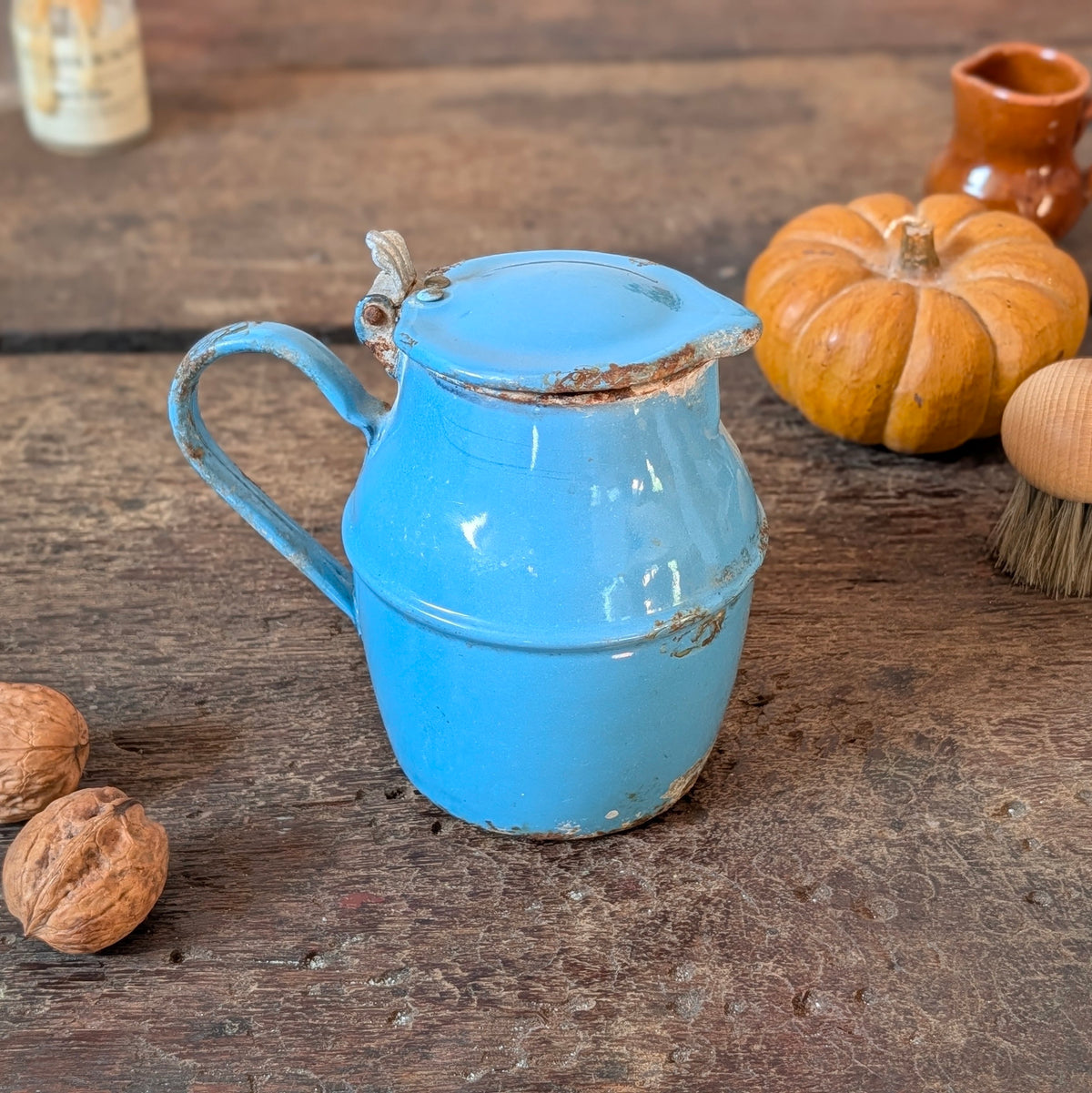 Blue Enamel Lidded Milk/Syrup Jug