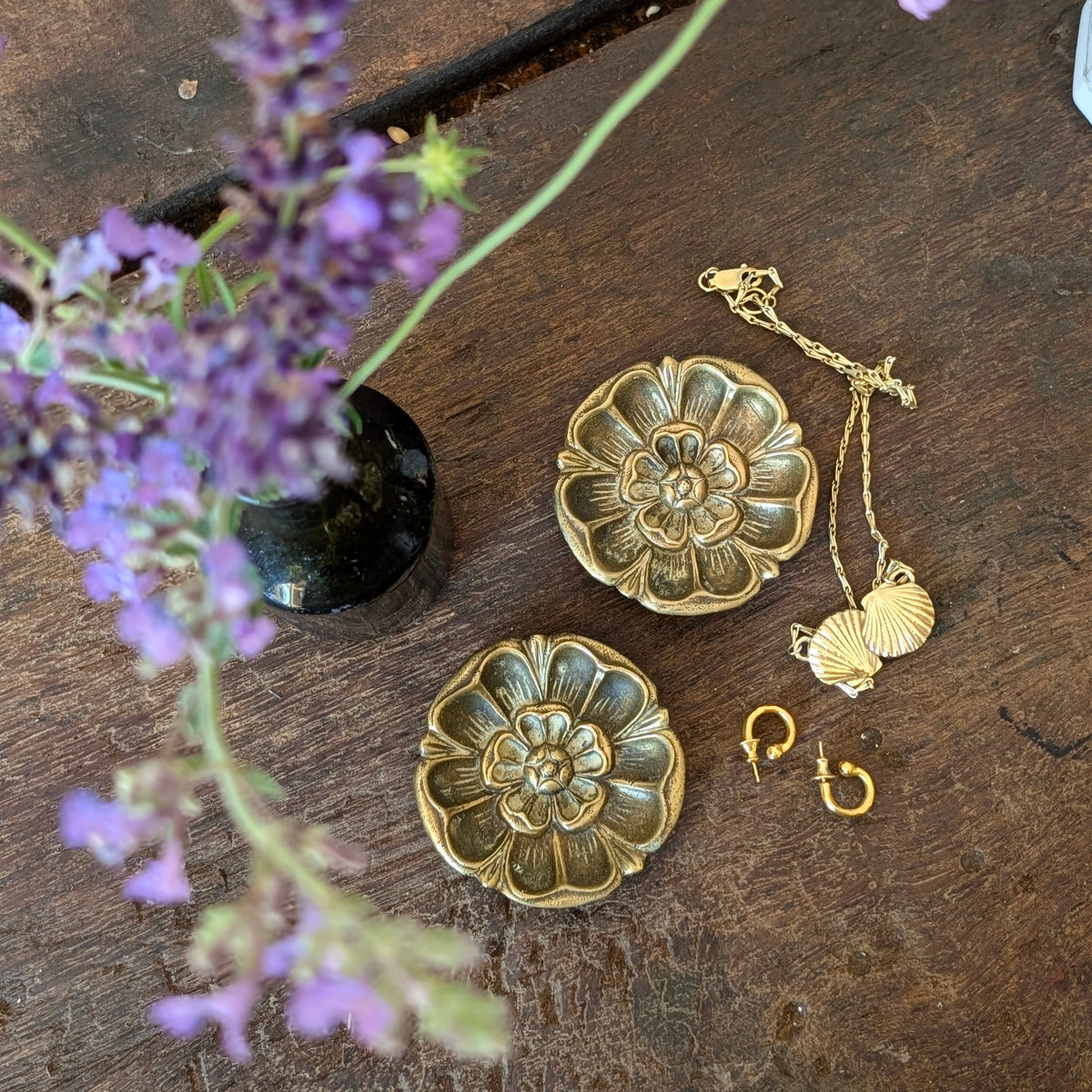 Pair of Small Brass Tudor Rose Flower Trinket Dishes