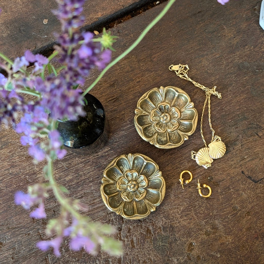 Pair of Small Brass Tudor Rose Flower Trinket Dishes