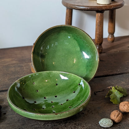 French Green Glazed Terracotta Colander and Bowl Set
