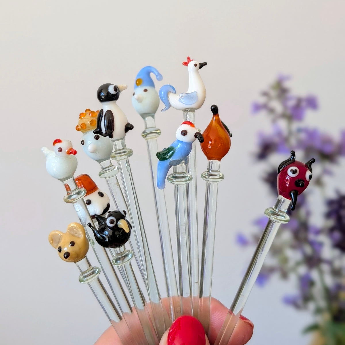 Set of Hand-Blown Glass Animal Cocktail Swizzle Sticks, Murano Style