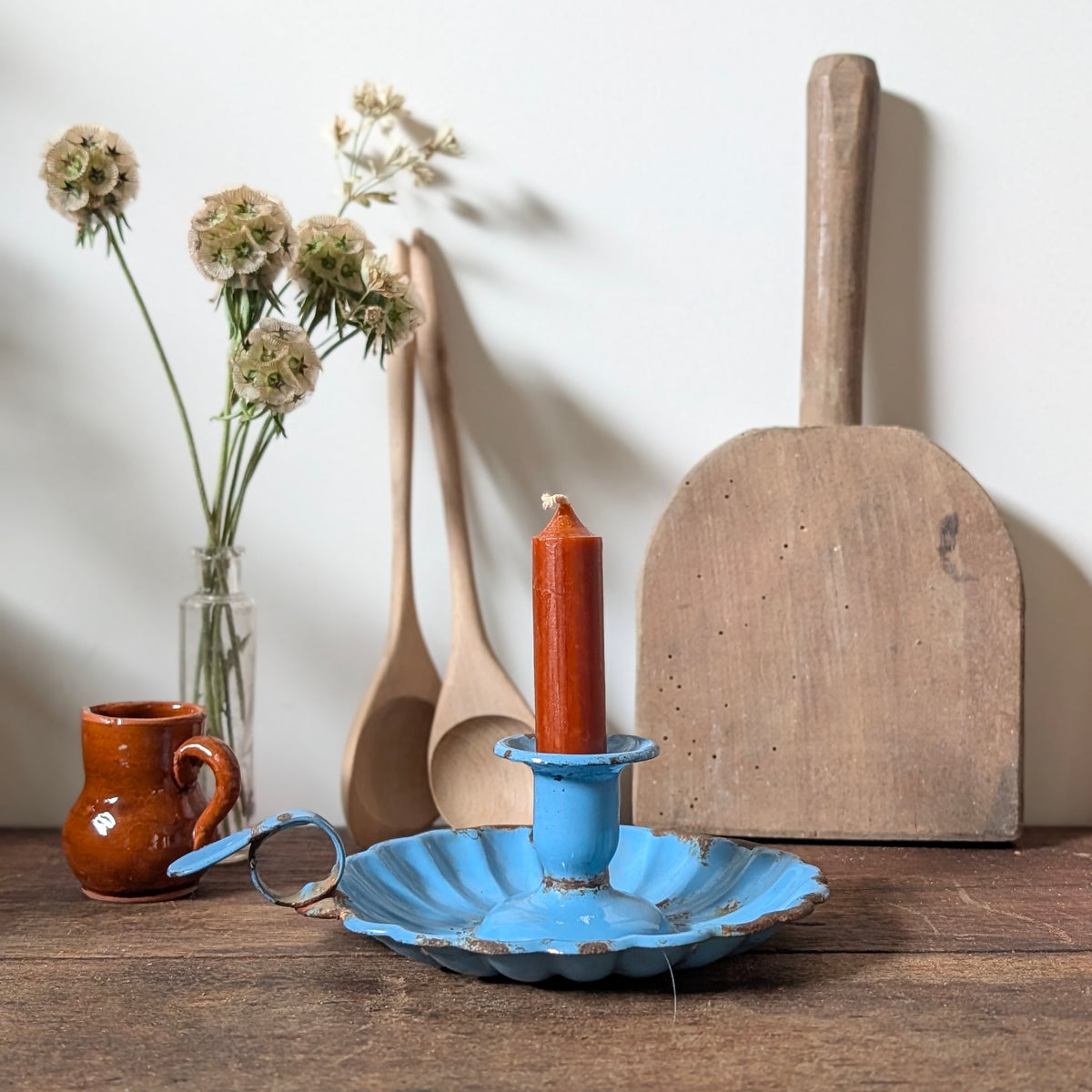 Blue Enamel Scalloped Chamberstick Candle Holder