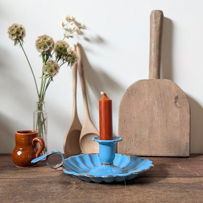 Blue Enamel Scalloped Chamberstick Candle Holder