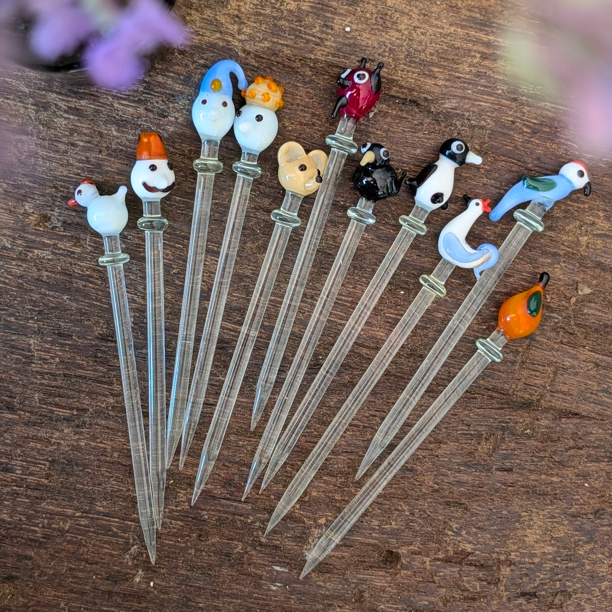Set of Hand-Blown Glass Animal Cocktail Swizzle Sticks, Murano Style