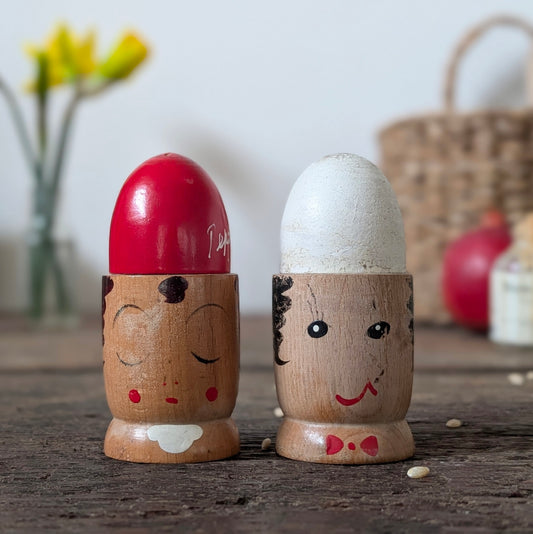 Vintage Wooden Salt and Pepper Face Pots
