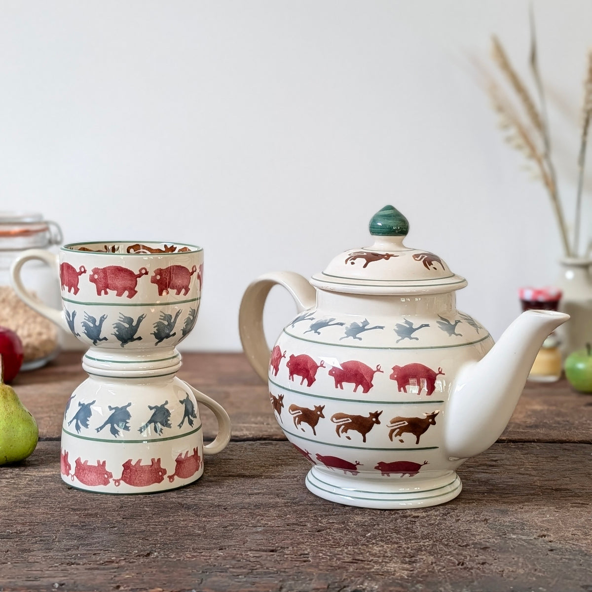 Vintage Emma Bridgewater Farmyard 2 Pint Teapot and Two Teacups (1999)