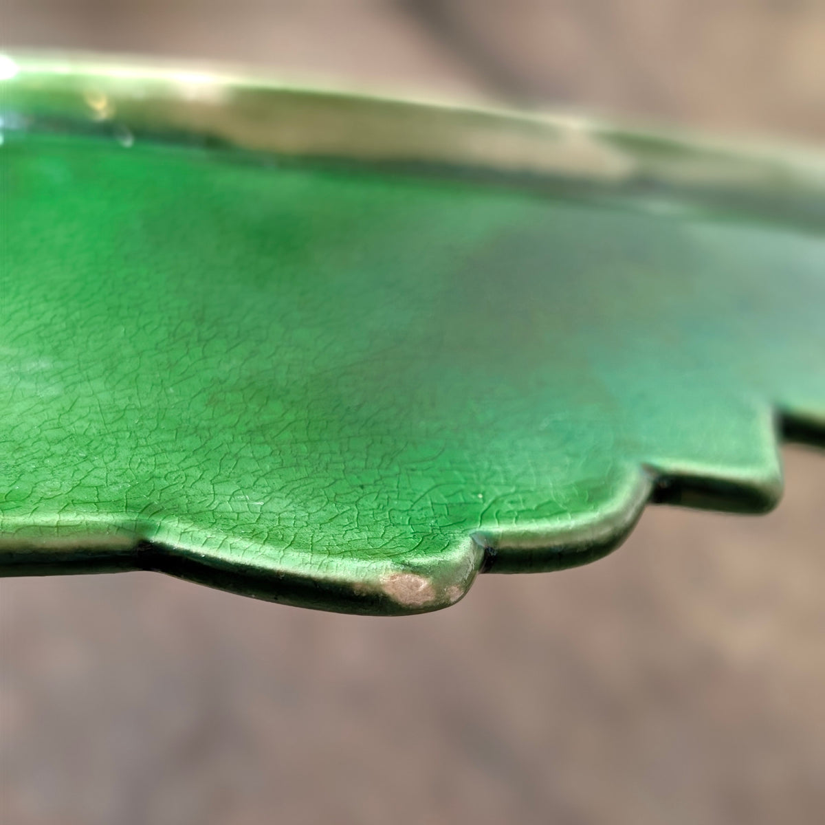 Antique Green Majolica Poppy and Scrolling Leaf Serving Dish