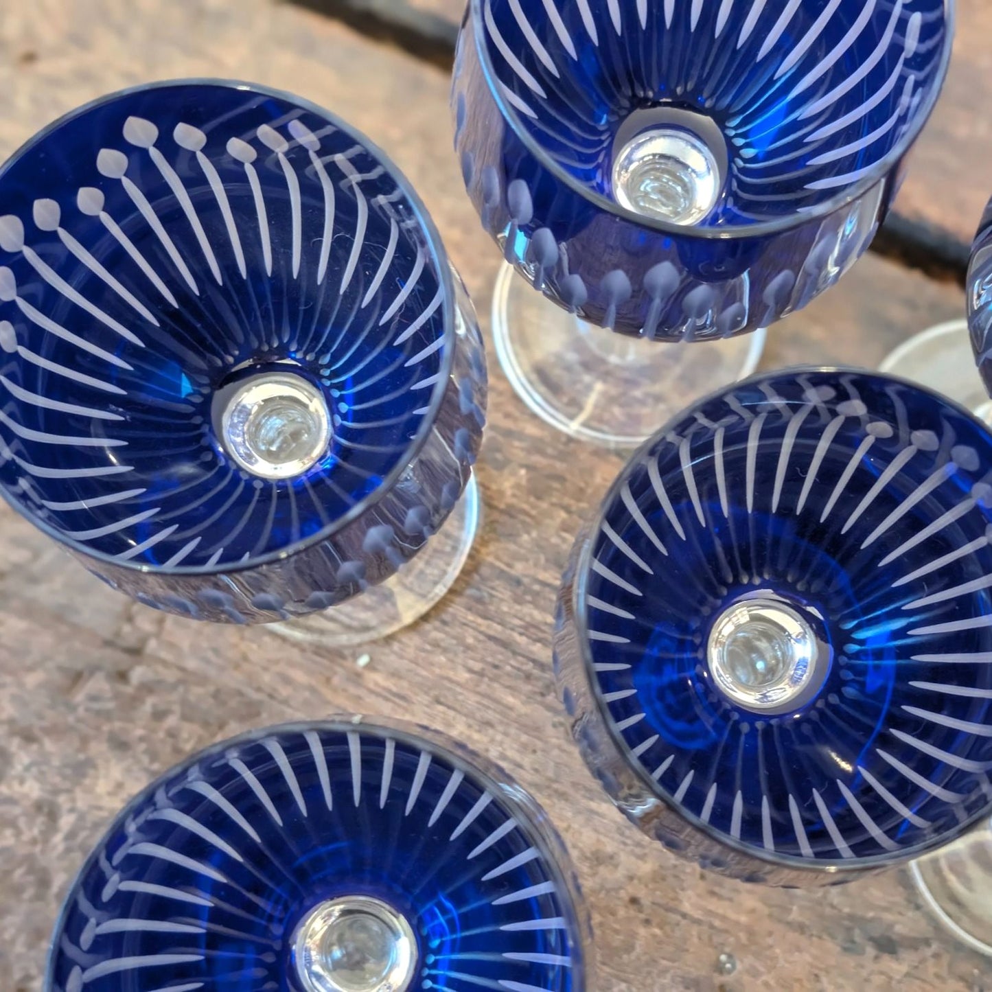 Set of Six Blue Flashed Cut Glass Wine Glasses