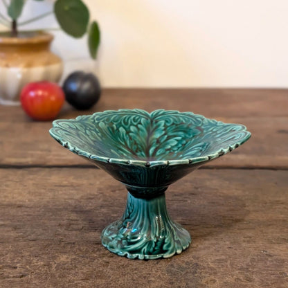 Rare Small Majolica Acanthus Leaf Green Glazed Pedestal 'Vide-Poche' Compote