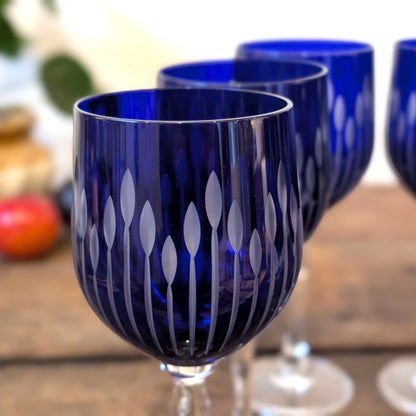 Set of Six Blue Flashed Cut Glass Wine Glasses