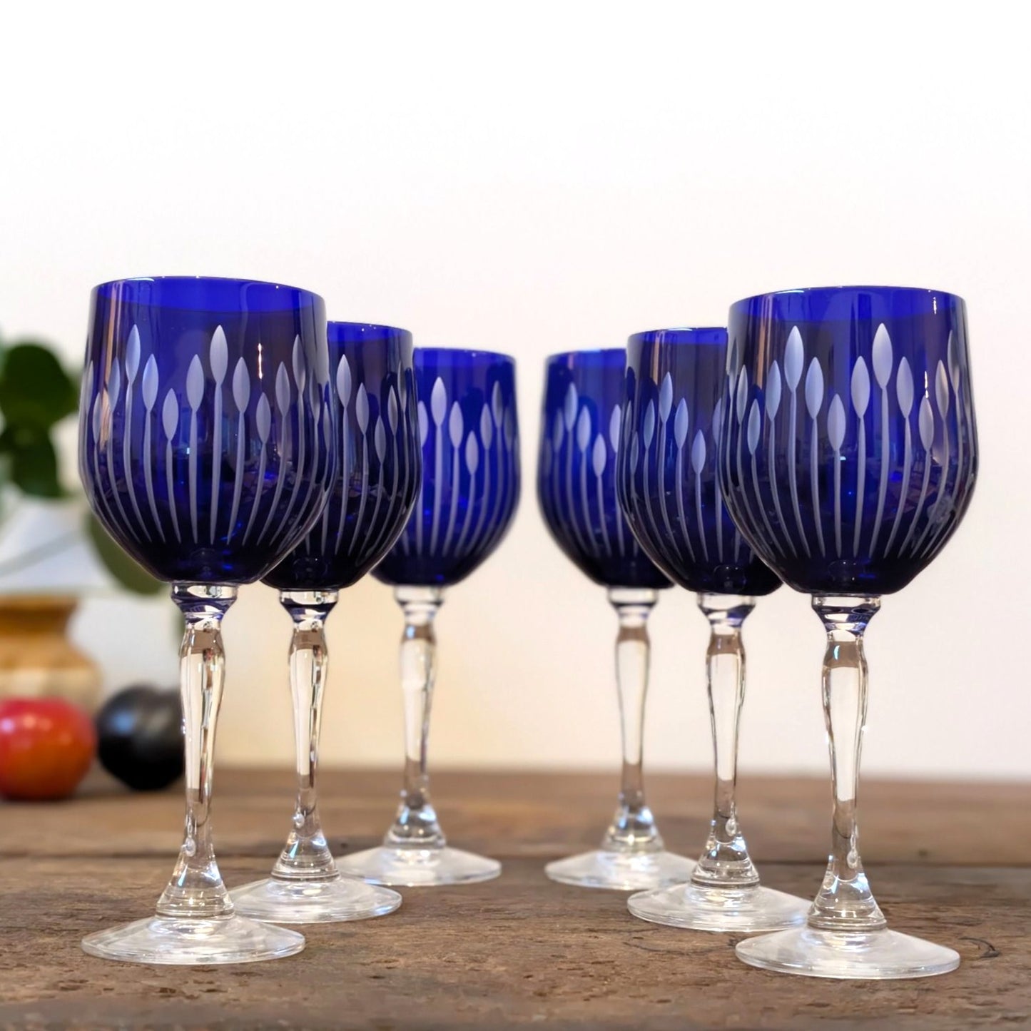 Set of Six Blue Flashed Cut Glass Wine Glasses