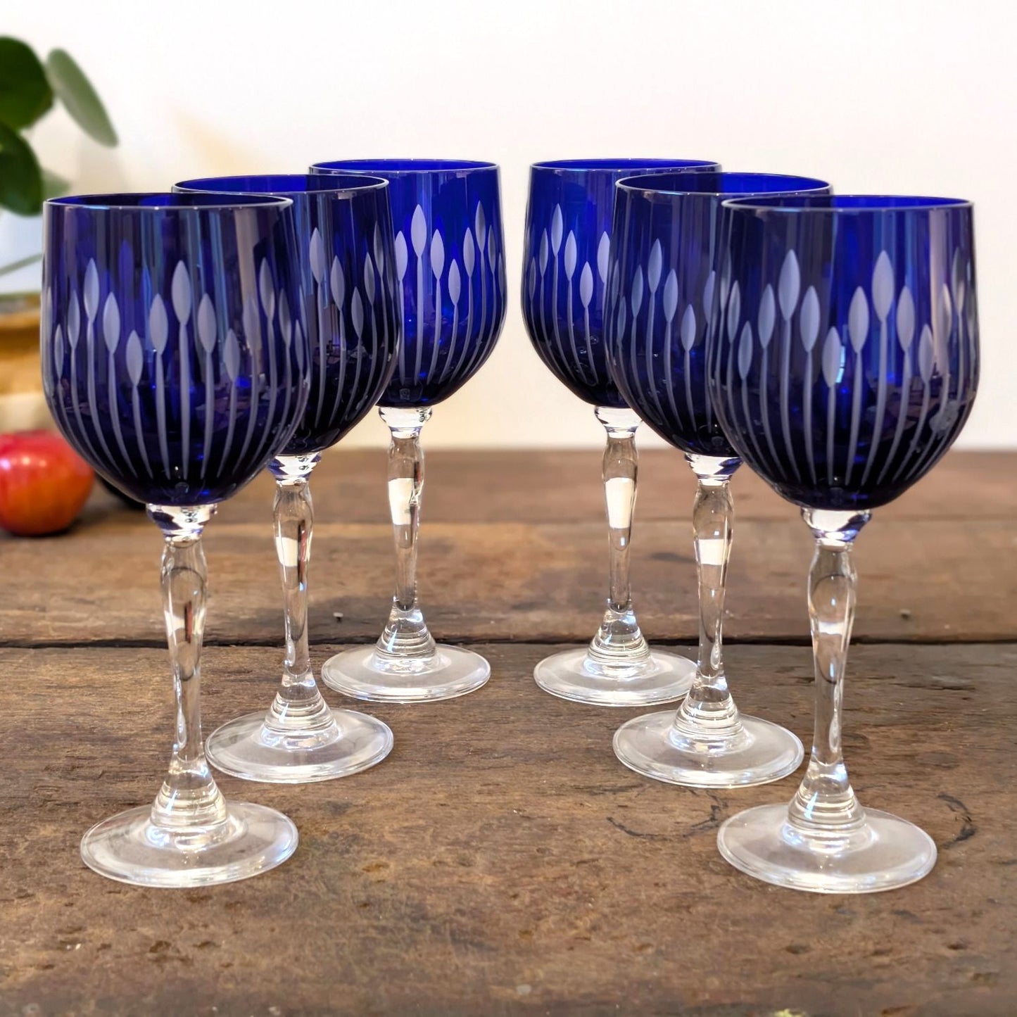 Set of Six Blue Flashed Cut Glass Wine Glasses