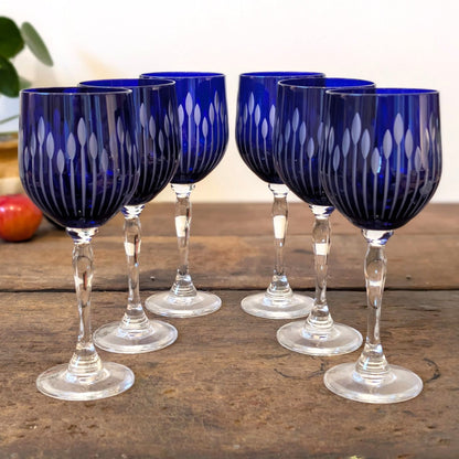 Set of Six Blue Flashed Cut Glass Wine Glasses