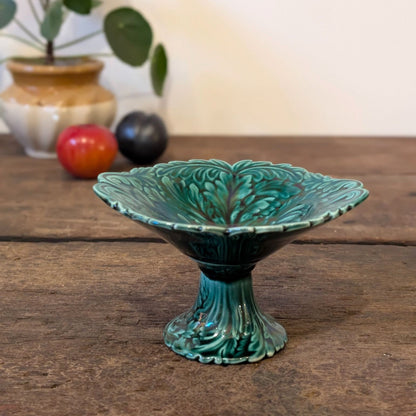 Rare Small Majolica Acanthus Leaf Green Glazed Pedestal 'Vide-Poche' Compote