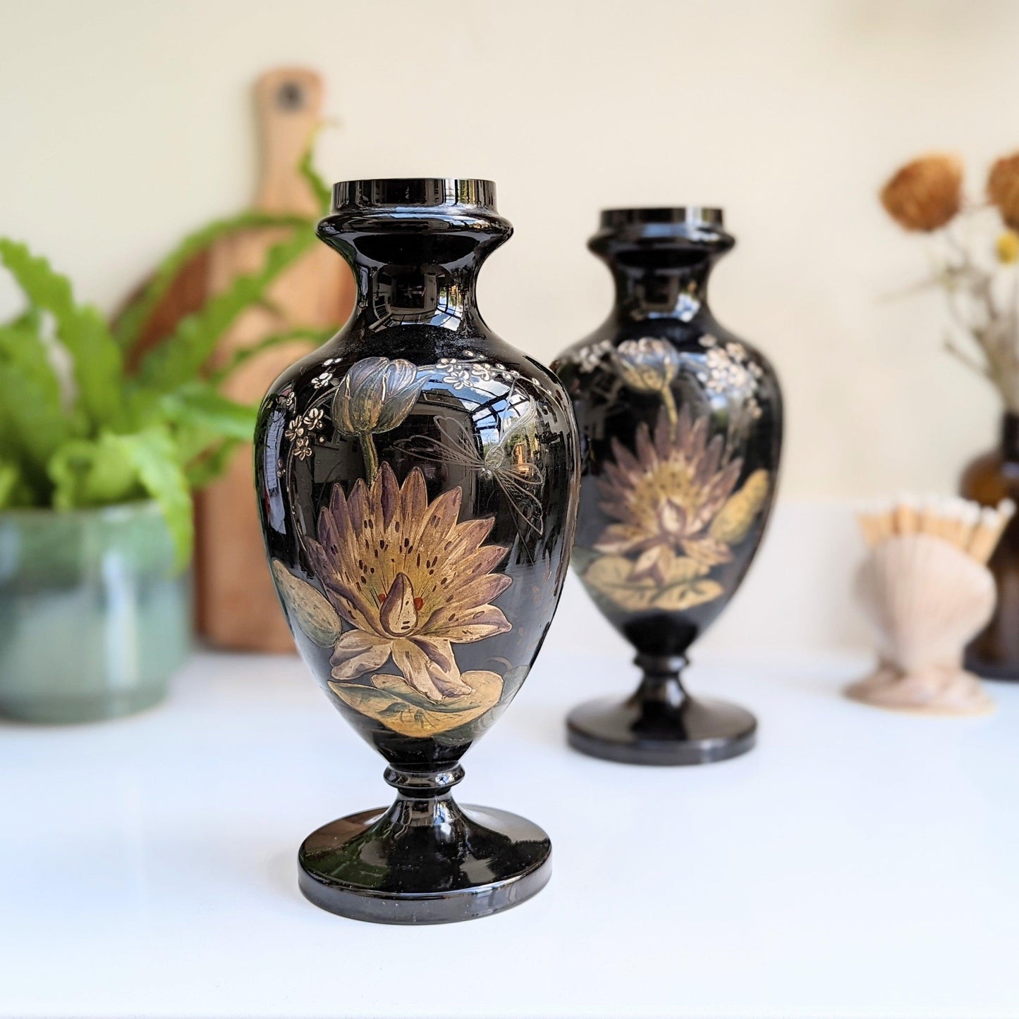 Bohemian Art Glass Dragonfly Vases (Pair)