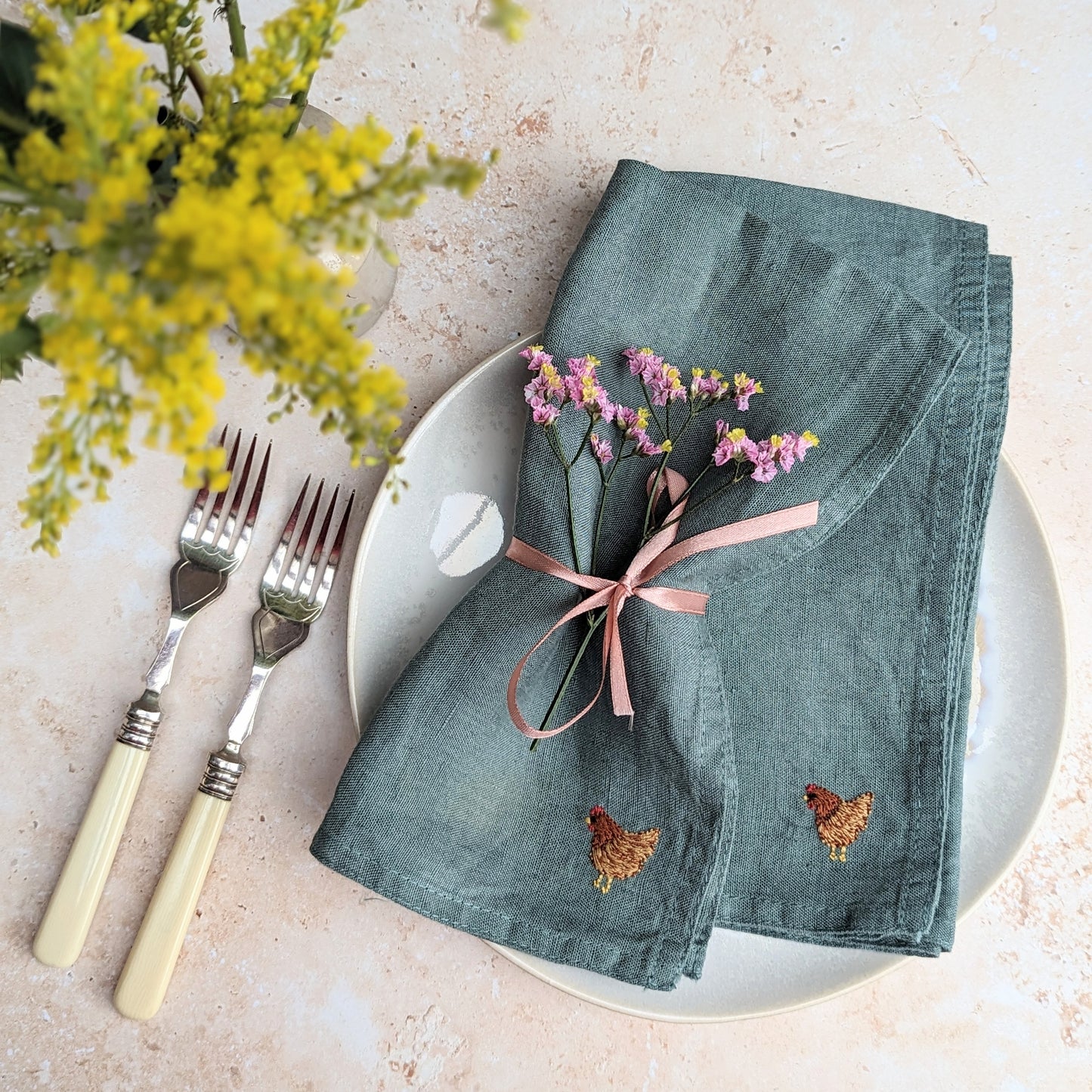 Hand-embroidered Linen Hen Napkins