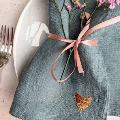 Hand-embroidered Linen Hen Napkins