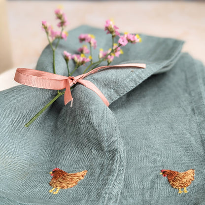 Hand-embroidered Linen Hen Napkins