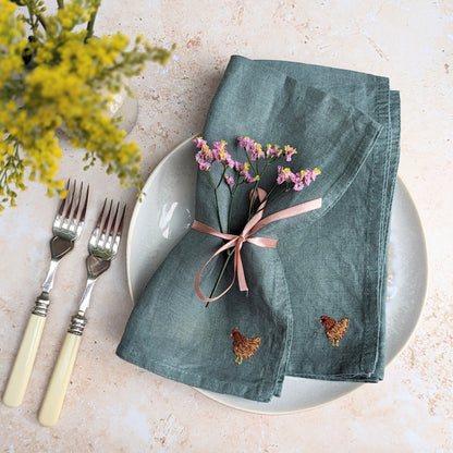 Hand-embroidered Linen Hen Napkins