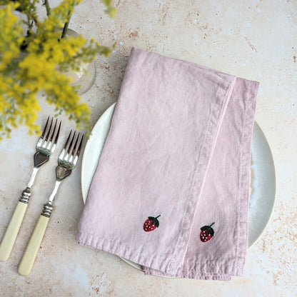 Hand-embroidered Linen Strawberry Napkins