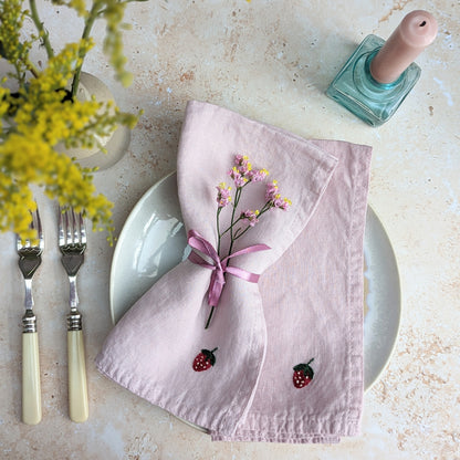 Hand-embroidered Linen Strawberry Napkins