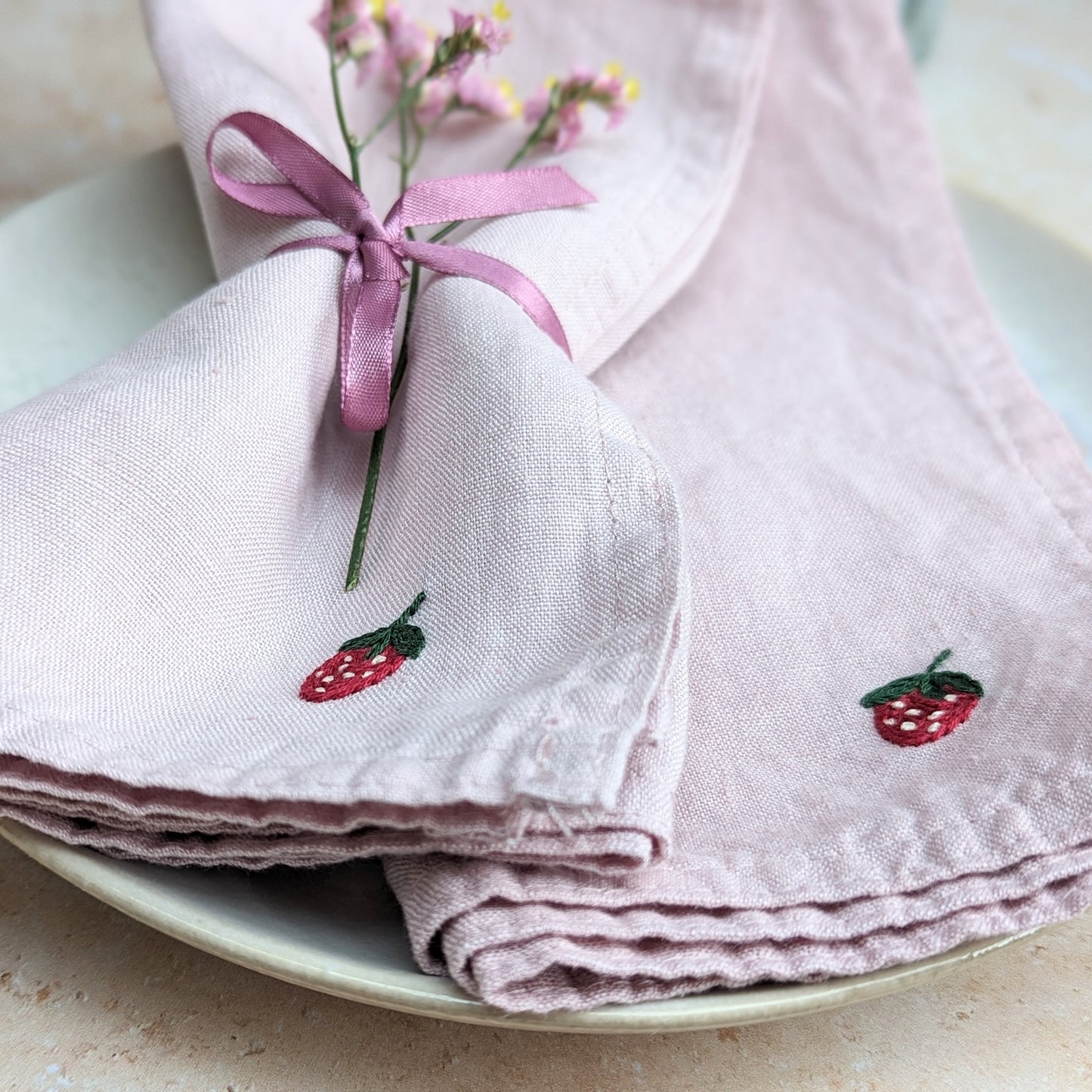 Hand-embroidered Linen Strawberry Napkins